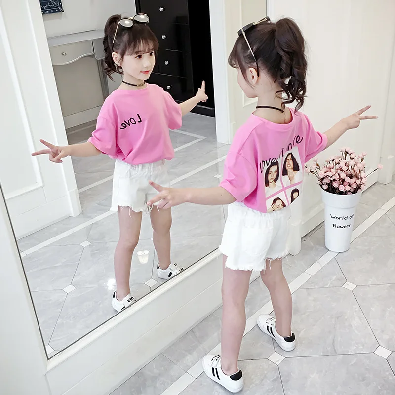 2023 Корейская Летняя Детская футболка С принтом, Детская футболка, Летние топы для девочек, Одежда для начальной школы Для девочек, Модная футболка с коротким рукавом 