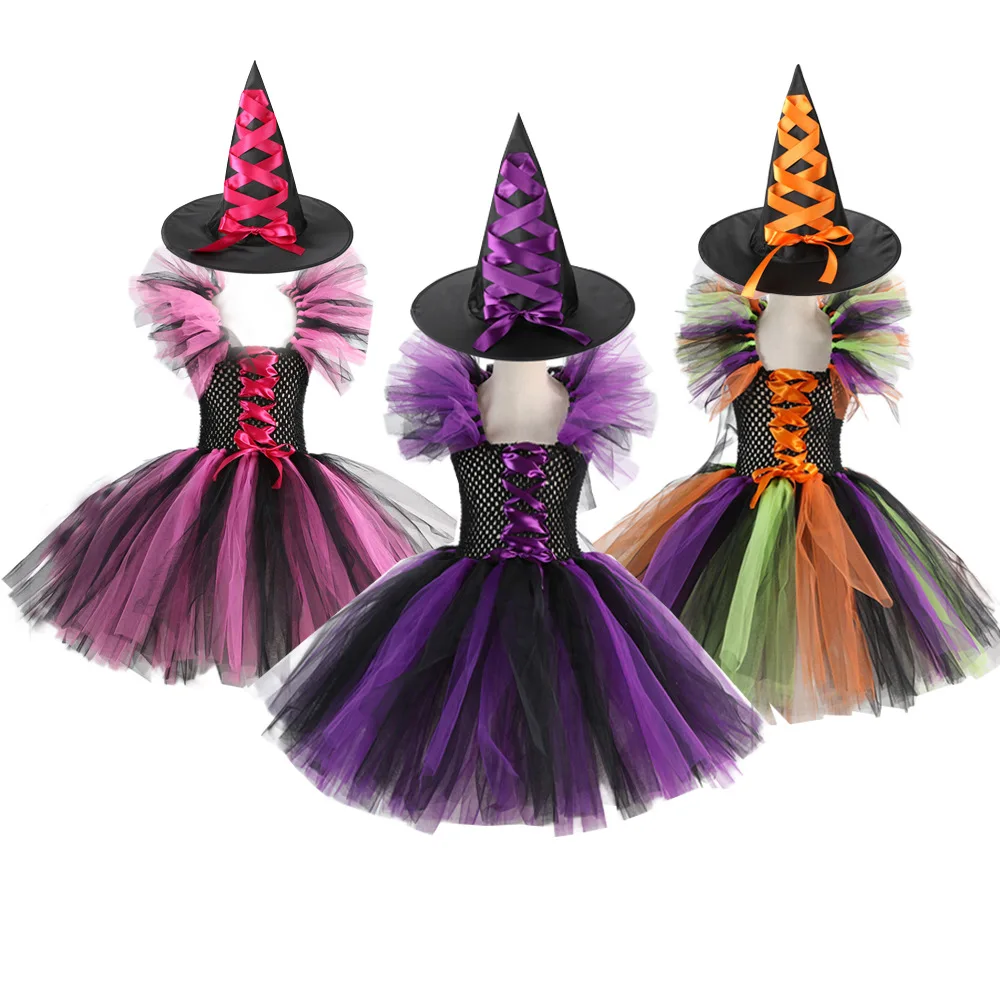 2023 Маскировочный костюм Ведьмы для девочек на Хэллоуин, платье-пачка до колен со шляпой, колготки-метла, Детский Карнавальный костюм для косплея, комплект одежды для вечеринки