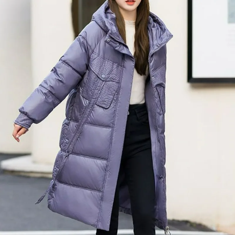 2023 Новое женское пуховое хлопчатобумажное пальто, зимняя куртка, женская версия средней длины, парки, Свободная теплая верхняя одежда с капюшоном, Универсальное пальто