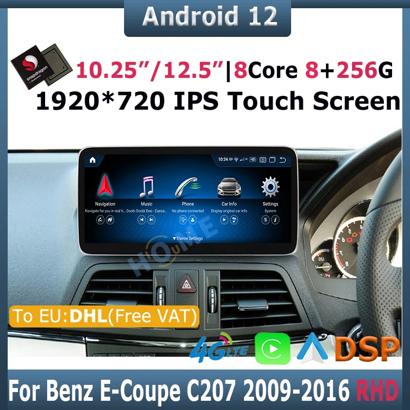 8-Ядерный Android 12 10,25/12,5 дюймов Snapdragon 8 + 256G Мультимедийный GPS-радио для Mercedes Benz E Coupe 2-Дверный C207 E207 2009-2015 RHD