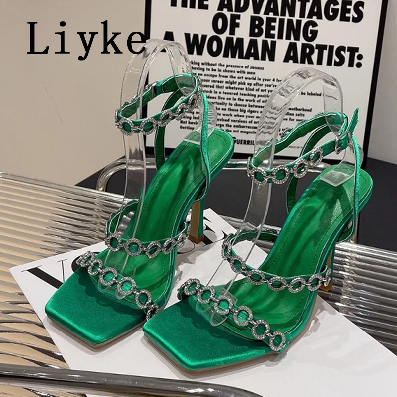 Liyke/ Элегантные женские Босоножки для свадебной вечеринки, Модные летние туфли-гладиаторы с квадратным носком и цепочкой со стразами, женские зеленые