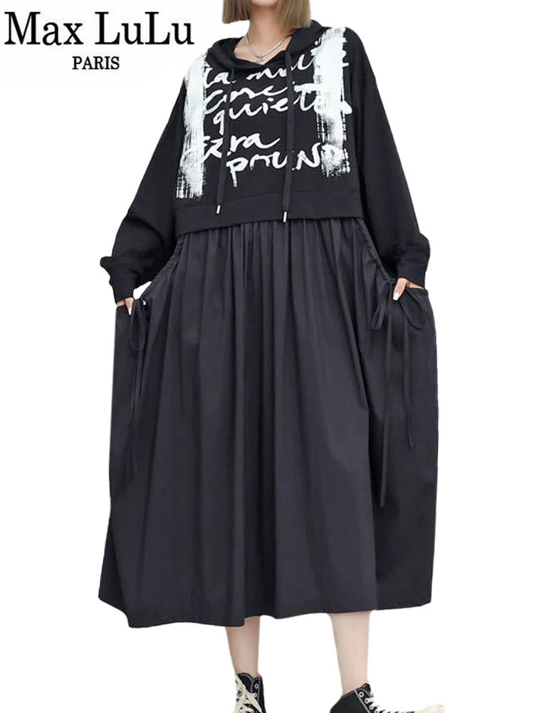 Max LuLu 2023 Осень Корейская роскошная длинная одежда Женские Классические Свободные платья с капюшоном и принтом Женские модные повседневные Винтажные платья