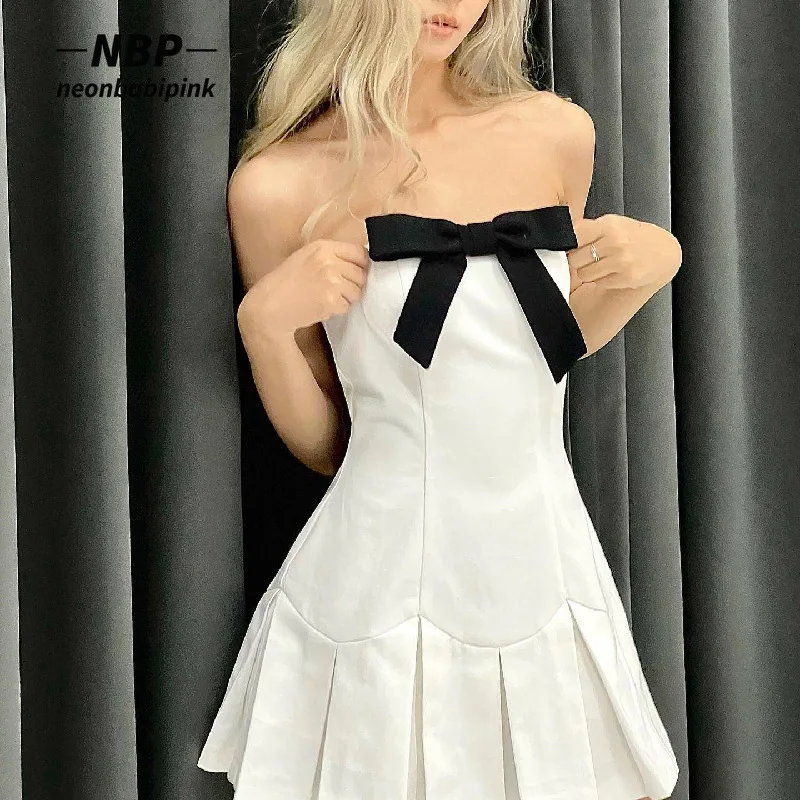 NEONBABIPINK топ с бантом, плиссированное мини-платье для девочек, кокетка Y2k, милые белые летние платья для женщин, Vestido Kawaii, N33-CI25