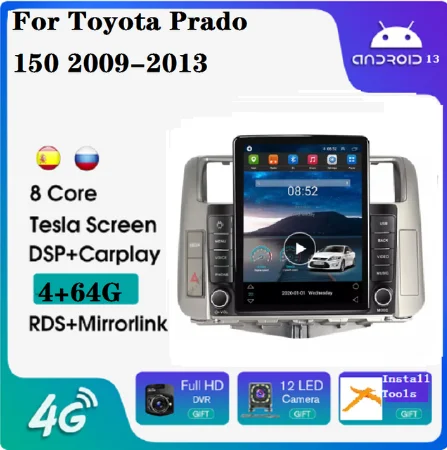Tesla Android 11, 8 + 128 Г carplay автомагнитола для Toyota Prado 150 2009-2013 GPS BT ADAS DVR 360 камера авто аудио система