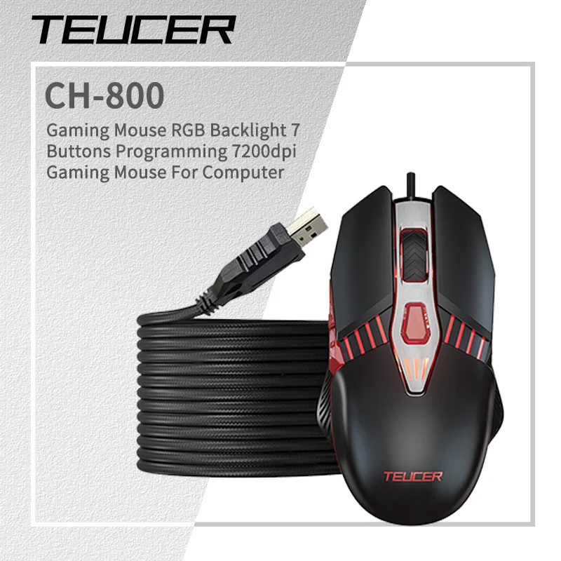Teucer CH-800 USB Проводная игровая мышь с RGB подсветкой, 7 кнопок программирования, 7200 точек на дюйм, игровая мышь для компьютера