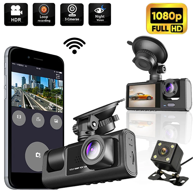 WIFI Dash Cam Для Автомобильного Видеорегистратора Видеомагнитофон Внутренняя Передняя Задняя Камера 1080P HD 2-дюймовые Автомобильные Аксессуары С 3 Объективами Черный Ящик