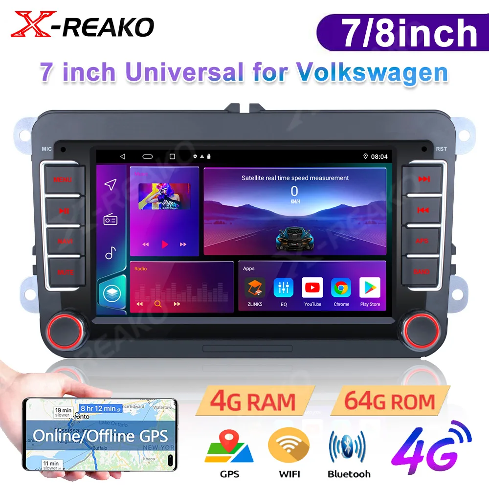 X-REAKO 7/8-дюймовый автомобильный радиоприемник для Фольксваген Мультимедийный плеер 2 din Android 12 Carplay GPS Навигация 4G WiFi