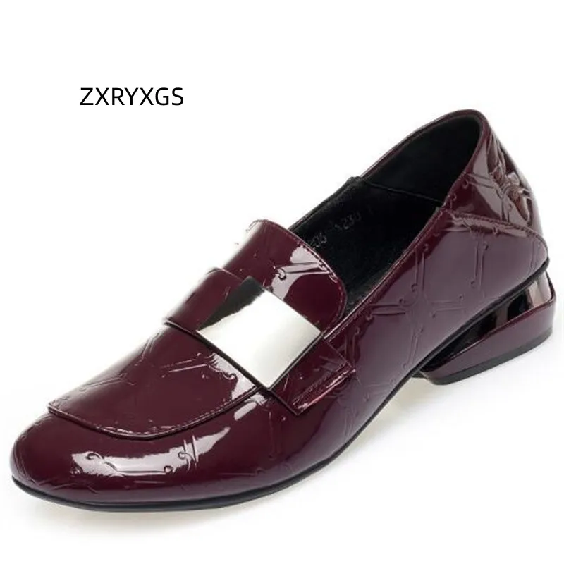 ZXRYXGS Темперамент Элегантная Трендовая обувь из лакированной кожи на низком каблуке 2023 года, Новая Весенне-осенняя Модная обувь, Женская Удобная обувь