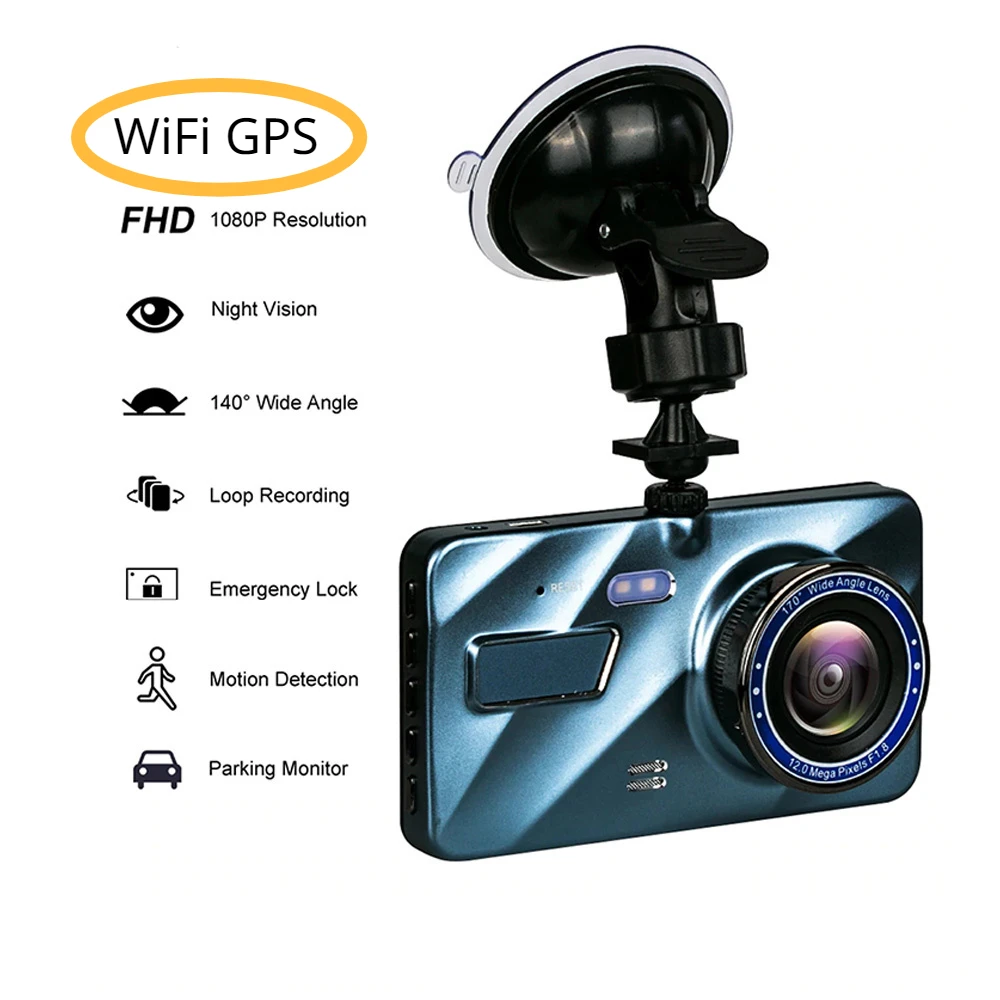 Автомобильная видеорегистраторная камера 1080P с двойным объективом, встроенный видеорегистратор, видеорегистратор с G-сенсором, циклическая запись, мониторинг парковки, Wi-Fi GPS