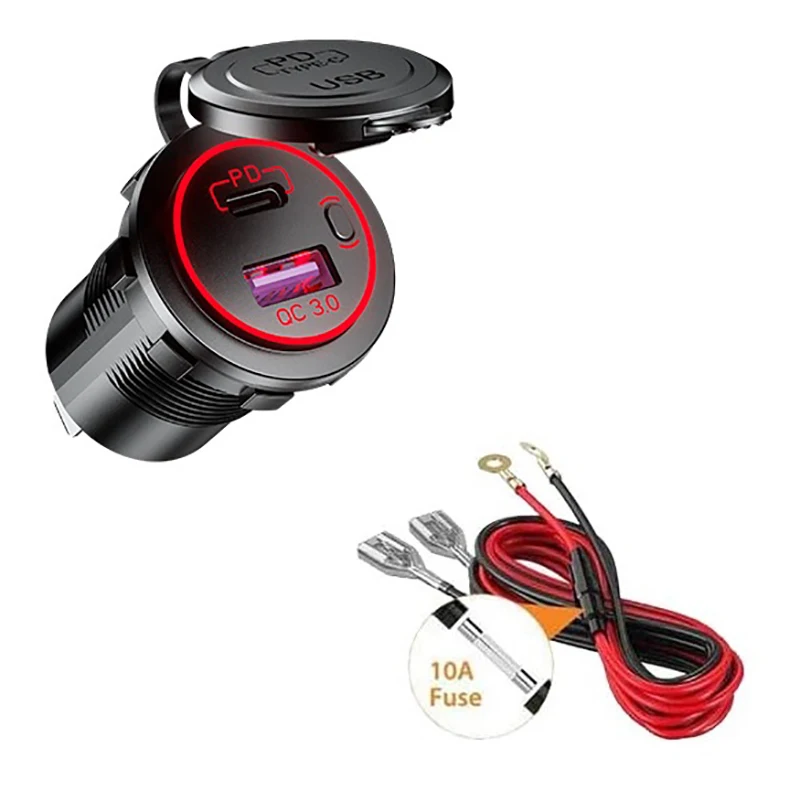 Автомобильное Зарядное Устройство PD Type C USB и Быстрое Зарядное Устройство QC 3.0 12 В с Выключателем питания для Мотоцикла RV ATV, Красный