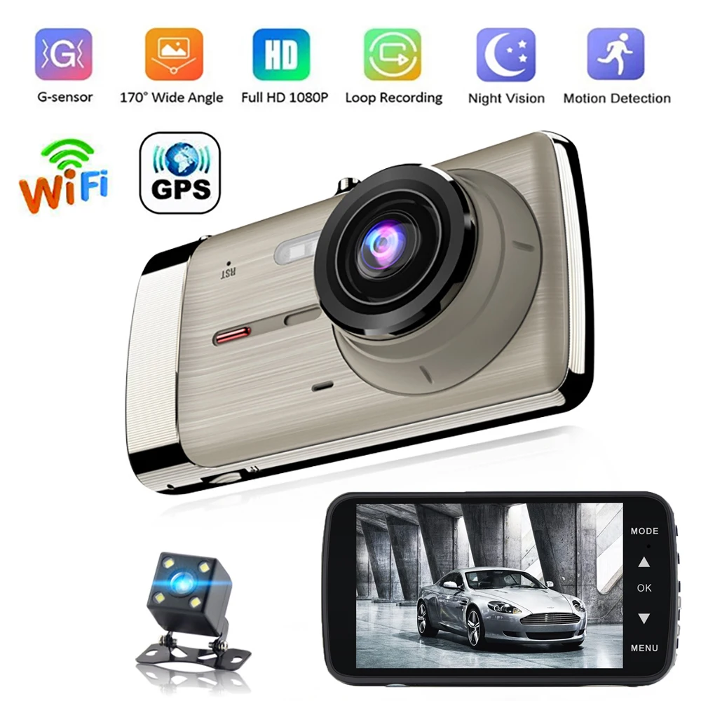 Автомобильный видеорегистратор 1080P Full HD Видеорегистраторы Камера заднего вида с двумя объективами GPS WiFi Регистратор ночного видения Парковочный монитор Черный ящик