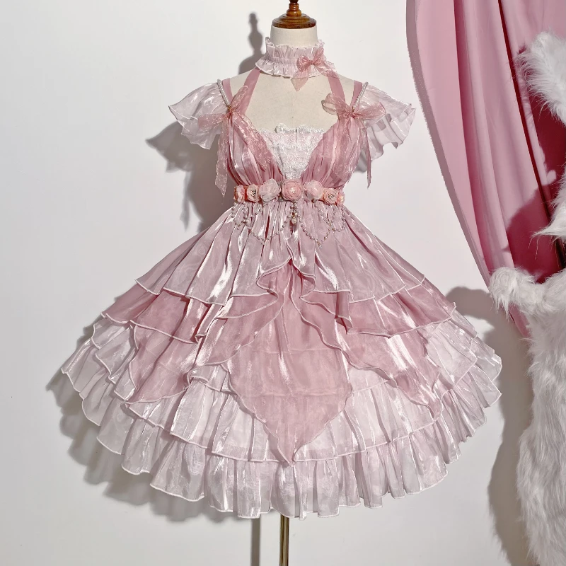 Викторианское Винтажное платье в стиле Лолиты, женское Элегантное платье принцессы с цветочным кружевом, жемчужной цепочкой и бантом, Милое розовое свадебное платье для девочек