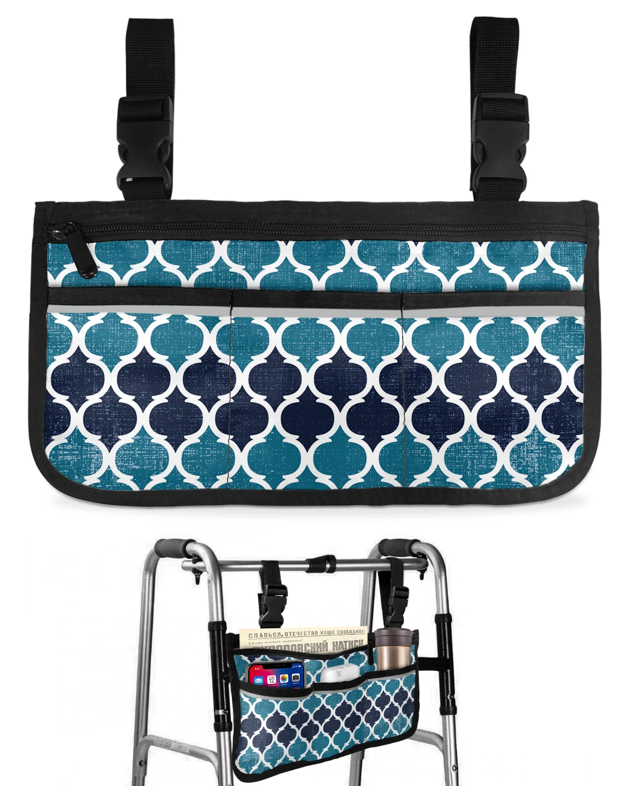 Геометрическая синяя Винтажная Марокканская сумка для инвалидной коляски с карманами, подлокотники, Боковые сумки, Прогулочная рама для электрического скутера, Сумка для хранения
