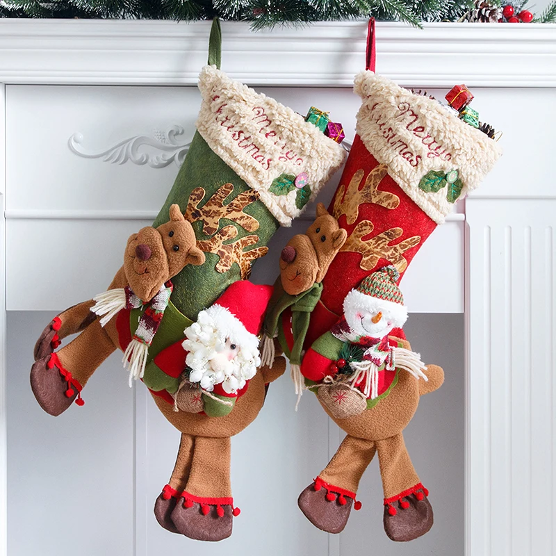 Декоративные носки в подарок Санта-Клаусу, Большой мешок для конфет, Украшение окна в виде Лося, Снеговика, Подвесной чулок, Висячие пакеты для конфет.