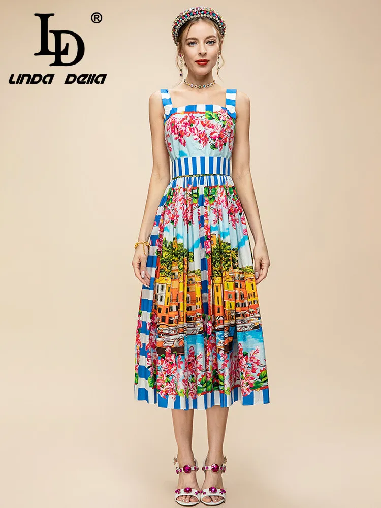 Дизайнер LD LINDA DELLA Summer, элегантное вечернее платье для подиума, Женское однобортное платье в полоску с принтом из чистого хлопка, архитектурное платье в полоску