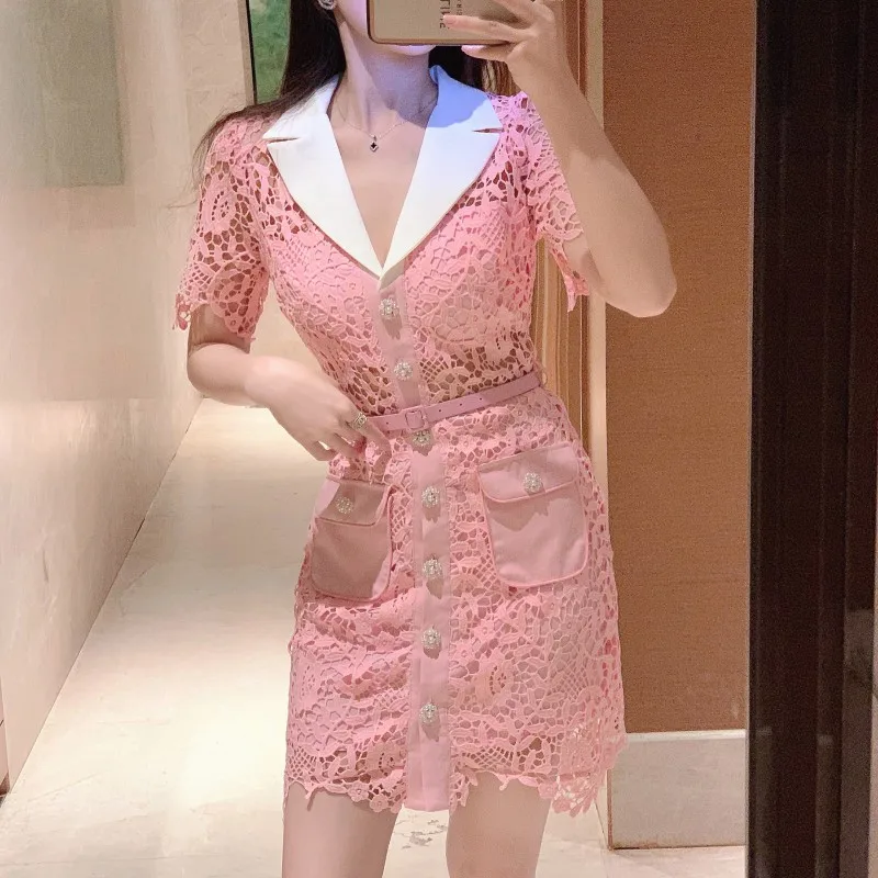Дизайнерское Розовое кружевное мини-платье с вырезами, Винтажное однобортное платье с жемчужными пуговицами, женское облегающее вечернее платье Vestidos