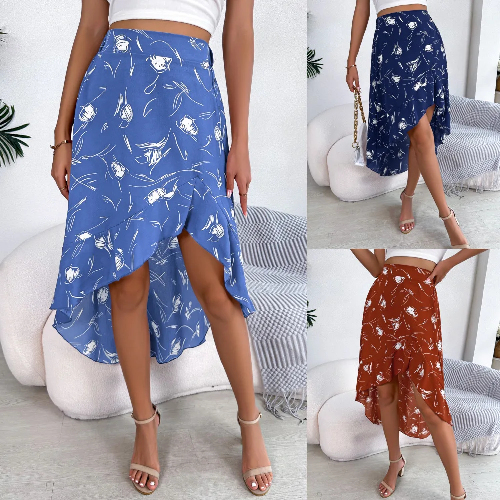 Женская асимметричная юбка средней длины с цветочным рисунком и оборками