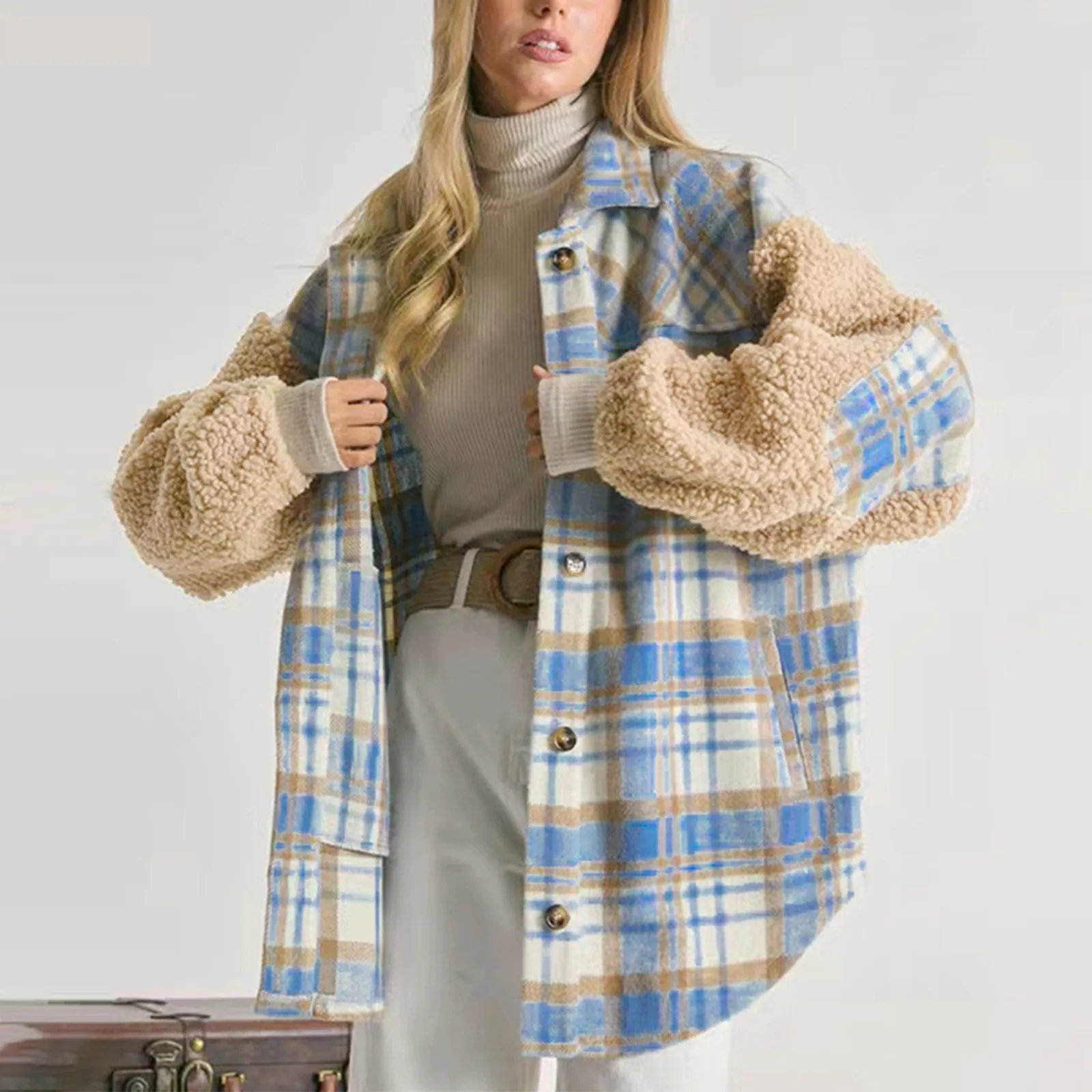 Женская куртка из овечьей шерсти с лацканами, контрастная клетчатая куртка, зимнее толстое пальто из овчины с сетчатым воротником, негабаритное уличное пальто L5