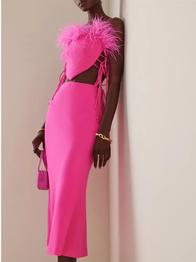 Женские Зимние Сексуальные платья Миди Ярко-розового цвета с вырезом из перьев, Бандажное платье, Элегантное Клубное платье для вечеринки знаменитостей