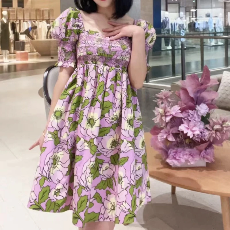 Женское платье 2023 Летнее Новое Плиссированное платье с квадратным вырезом и цветочным принтом с пышными рукавами