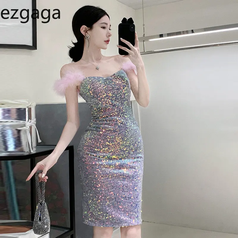 Женское платье Ezgaga Сексуальное Элегантное Пушистое Лоскутное платье с пайетками, С вырезом лодочкой, Без рукавов, Тонкие вечерние платья, клубная одежда, Женская мода
