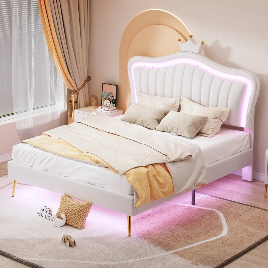 Каркас кровати с мягкой обивкой размера Queen Size со светодиодной подсветкой, современная мягкая кровать Princess с изголовьем в виде короны, белый
