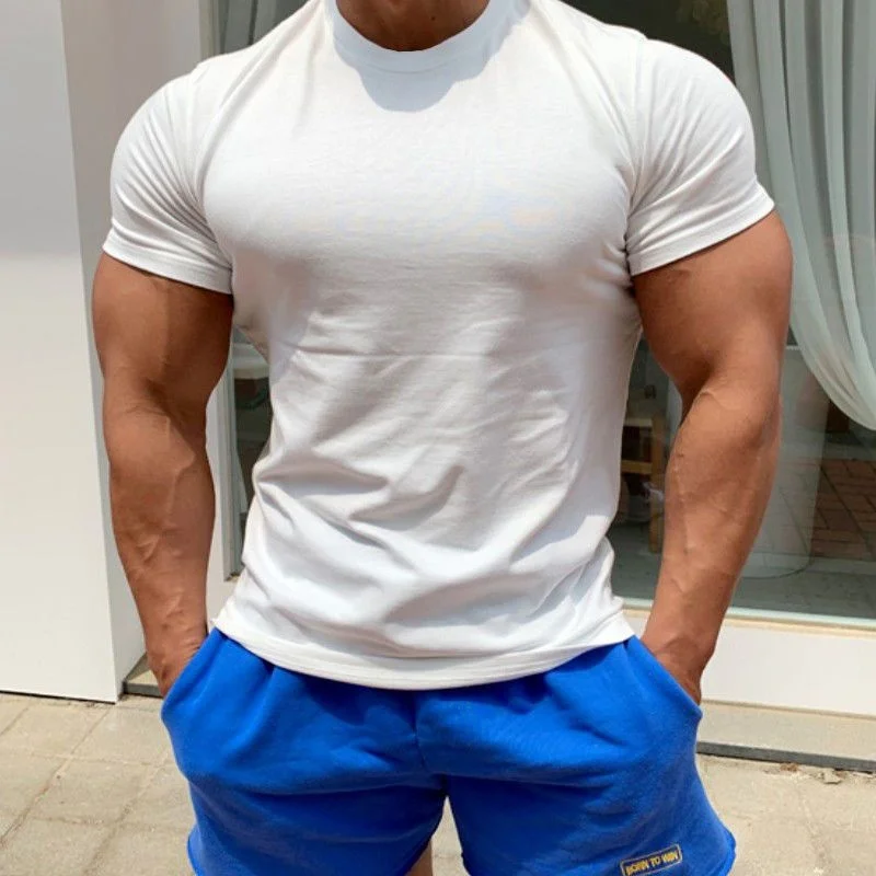 Костюм для фитнеса из высокоэластичного хлопка с короткими рукавами, облегающий костюм, облегающая футболка, однотонная мускулистая