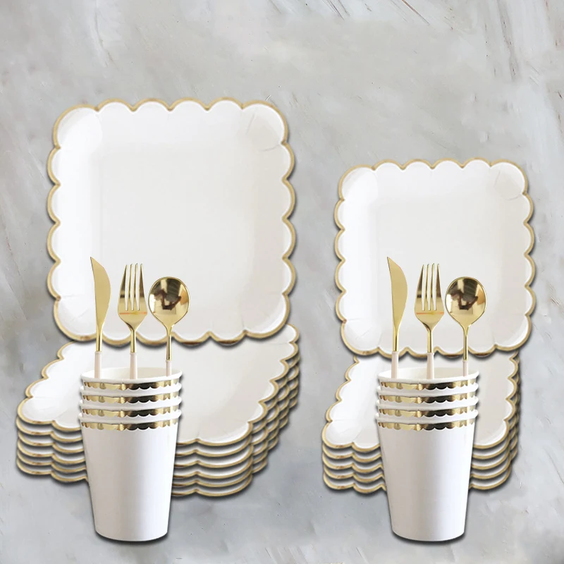 Креативная Белая одноразовая посуда для 8 Гостей, Квадратные тарелки с золотым краем, Чашки, Свадебное украшение, декор для вечеринки с Днем рождения, Дети, взрослые
