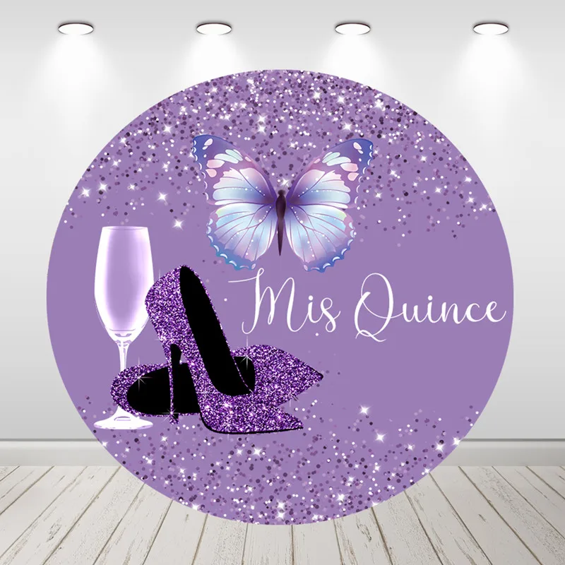 Круглый фон для дня рождения женщины, фиолетовые блестящие каблуки, круглый фон для вечеринки, баннер
