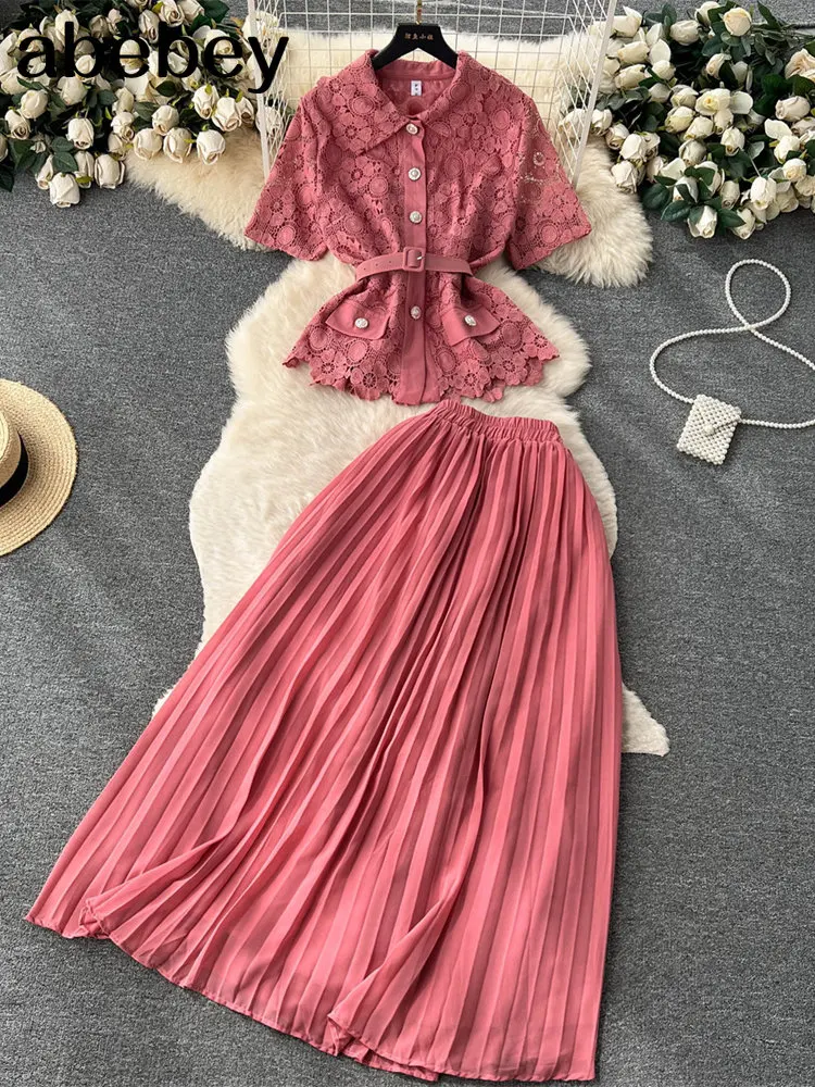 Летний женский кружевной комплект из двух предметов в стиле пэчворк 2023, Элегантные розовые топы с коротким рукавом + плиссированная юбка Миди с высокой талией, женский Новый костюм