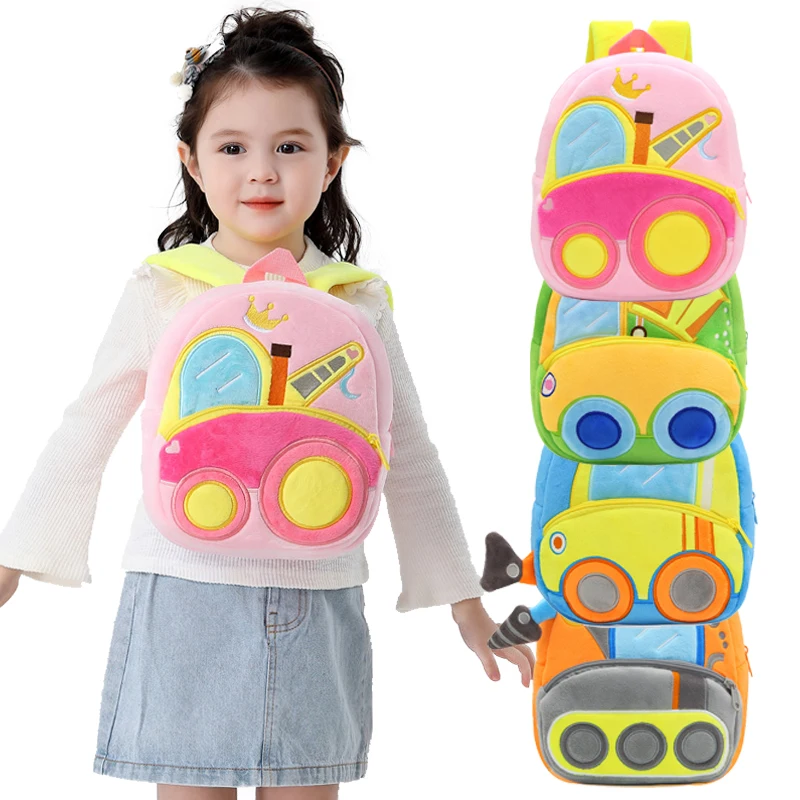 Милые детские школьные сумки Мини-рюкзаки для детского сада 3D Мультяшные машинки-экскаваторы Плюшевый рюкзак для детей, школьные сумки для мальчиков и девочек