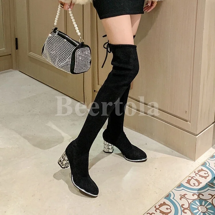 Новые эластичные ботинки на хрустальном каблуке, женские ботфорты выше колена в корейском стиле на шнуровке с ремешком сзади, женские пикантные осенне-зимние туфли на блочном каблуке