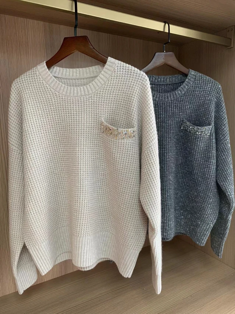 Осень 2023, Новый женский кашемировый вязаный пуловер с круглым вырезом и карманом, сверхпрочный пуловер с бриллиантами
