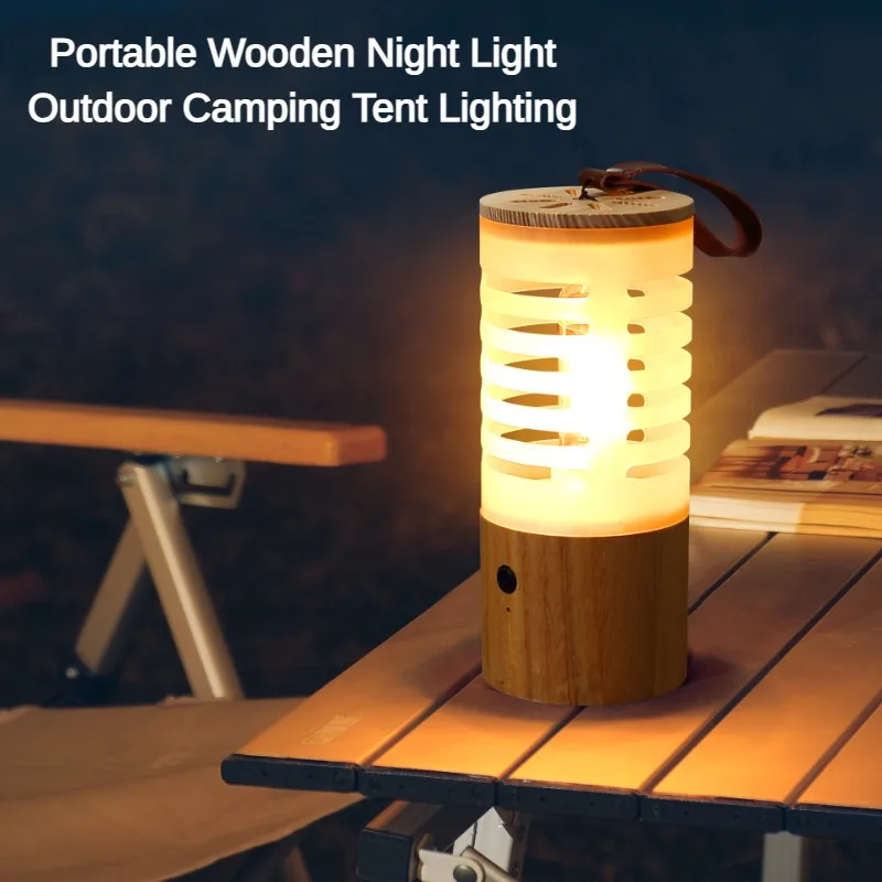 Портативный деревянный походный светильник, ночник, Наружное освещение палатки, светодиодные лампы с бесконечным затемнением, USB-зарядка, Атмосферные светильники