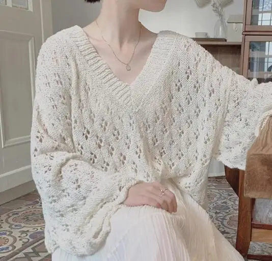 Романтический французский Свободный пуловер с V-образным вырезом, Топы для женщин, вязаный свитер с расклешенными рукавами, Элегантный трикотаж Sueters De Mujer