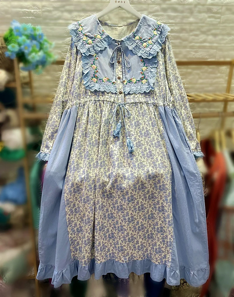 Синее платье с цветочным рисунком из хлопка и льна 2023 Осень-зима кукольное платье миди с длинным рукавом