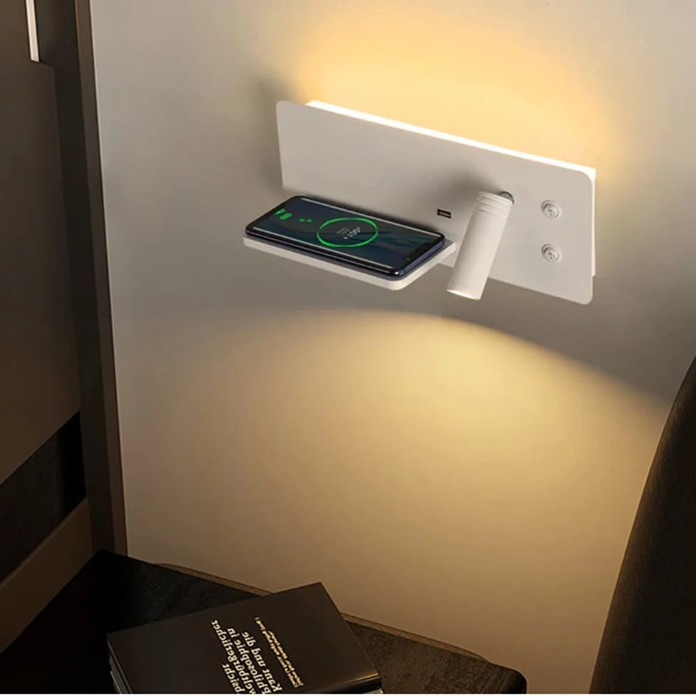 Современный и простой светодиодный алюминиевый настенный светильник для чтения, беспроводная зарядка мобильного телефона через USB с выключателем, прикроватный настенный светильник для кабинета, спальни