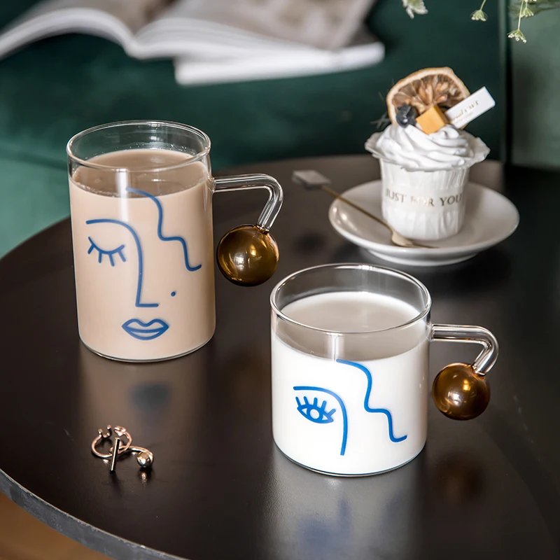 Стеклянная чашка Nordic Art с термостойкой сферической ручкой, бытовая чашка для воды, молока, чая, кофе, стаканы для питья