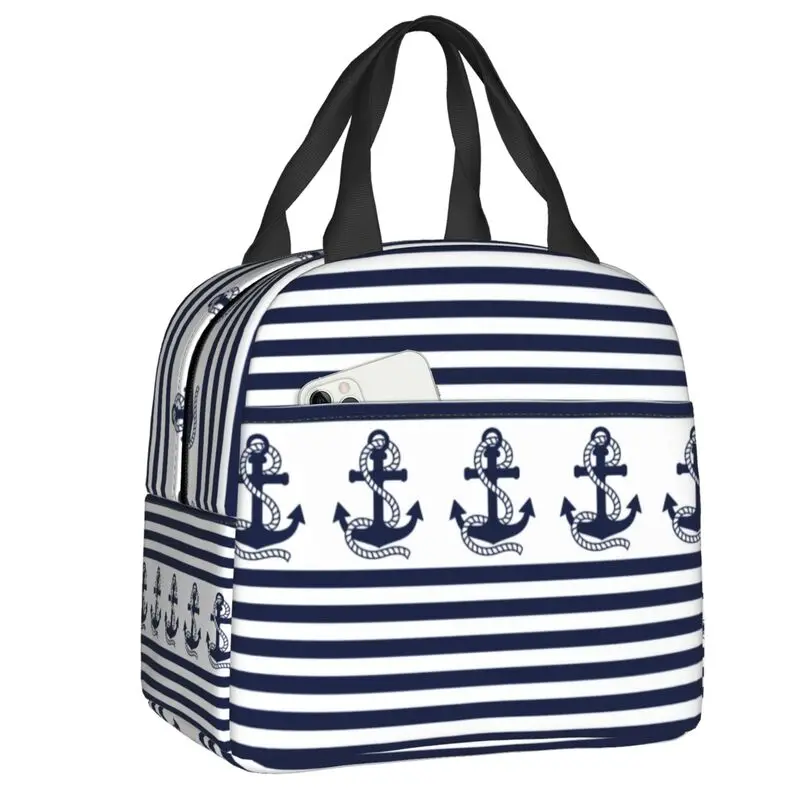 Темно-синий якорь в морскую полоску, термоизолированная сумка для ланча, женский контейнер для еды для детей, Школьная коробка для бенто