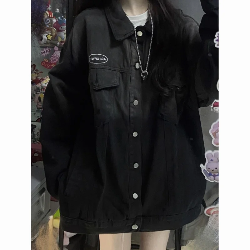 Черная куртка Джинсовая куртка Женская Весенне-осенняя в американском ретро-стиле с градиентной стиркой, нишевый свободный кардиган с чувством стиля