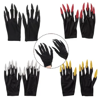 1 Пара черных перчаток с длинными ногтями на весь палец, женские перчатки с призрачными когтями длиной до запястья, перчатки для косплея на Хэллоуин, перчатки Ведьмы для тематической вечеринки  0