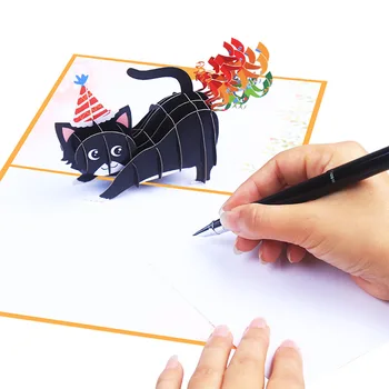 1 шт Всплывающая поздравительная открытка на день рождения Черного кота с конвертами, Оранжевые 3D забавные открытки на День рождения, приглашения на свадьбу.  5