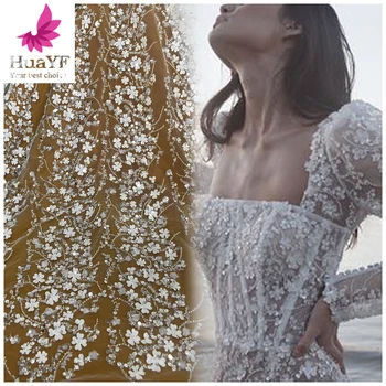 1 Ярд Новой модной белой тяжеловесной 3D-бисерной цветочной вышивки, тюлевого кружева с блестками, Свадебного платья HY1440  2