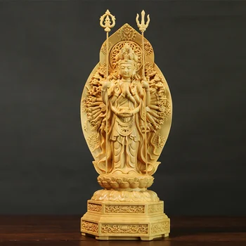 20-сантиметровая резная скульптура Гуаньинь из самшита в тысячу ладоней, домашний декор в стиле фэн-шуй, статуя Будды из массива дерева, домашний декор  2