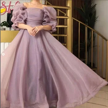 2022 Простые Фиолетово-синие Вечерние платья Трапециевидной формы из Органзы с короткими рукавами Вечернее платье для выпускного вечера  5