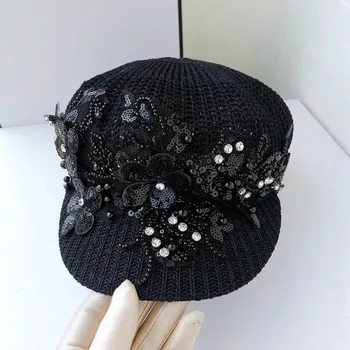 202206-shi ins кружевная расшитая бисером блестящая дрель цветочный дизайн Вязаная Дышащая женская шляпа газетчика Восьмиугольная шляпа с козырьком  5