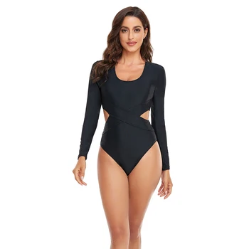 2023 Женский сексуальный модный однотонный черный цельный костюм для серфинга с длинным рукавом, водные виды спорта, Солнцезащитный крем, быстросохнущий пляжный костюм для плавания, серфинга  5