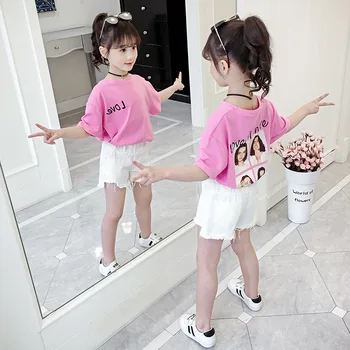 2023 Корейская Летняя Детская футболка С принтом, Детская футболка, Летние топы для девочек, Одежда для начальной школы Для девочек, Модная футболка с коротким рукавом   10
