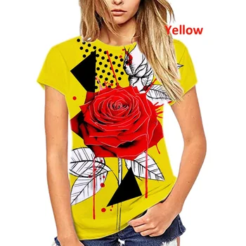 2023 Летняя новая модная женская повседневная футболка с круглым вырезом и коротким рукавом с принтом Розы  5