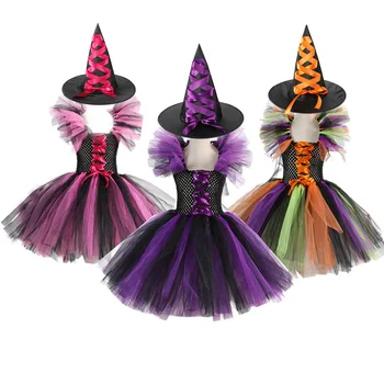 2023 Маскировочный костюм Ведьмы для девочек на Хэллоуин, платье-пачка до колен со шляпой, колготки-метла, Детский Карнавальный костюм для косплея, комплект одежды для вечеринки  4